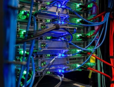 Cables plugged into a server.