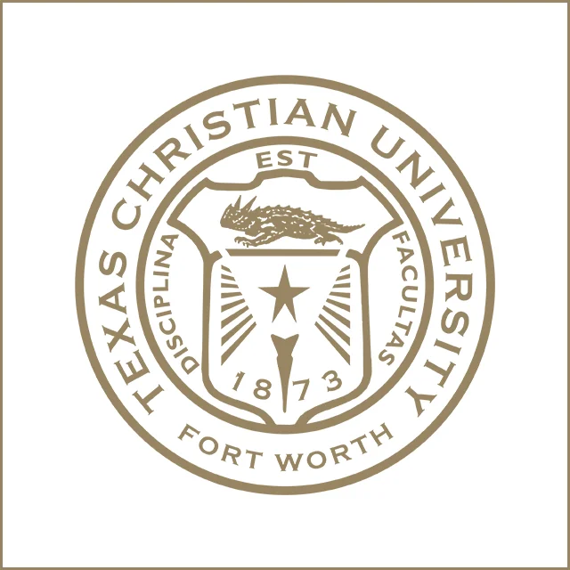 TCU seal to the left of an upward view of The Harrison building